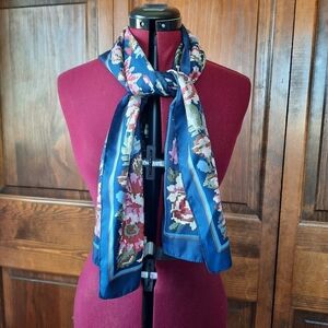 Vintage satin navy blue floral faux cross stitch print scarf